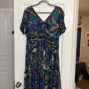 Nicole Miller Navy Multi-Leaf Print V-Neck Maxi Dress